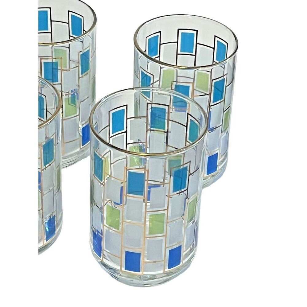 VTG MCM Libbey Juice Cocktail Glasses Nordic Pattern Blue Green Gold  Set of 4